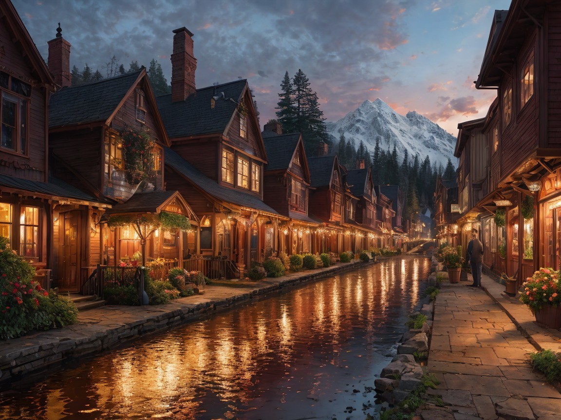 Picturesque Village at Dusk with Canal and Mountains
