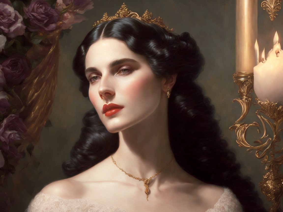 Regal woman in elegant gown with romantic backdrop