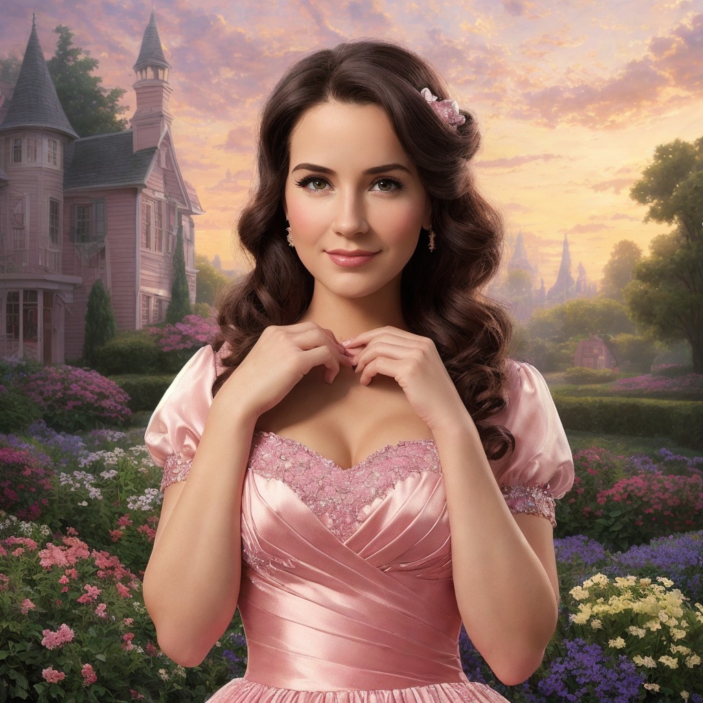 Young woman in pink gown in a floral garden setting