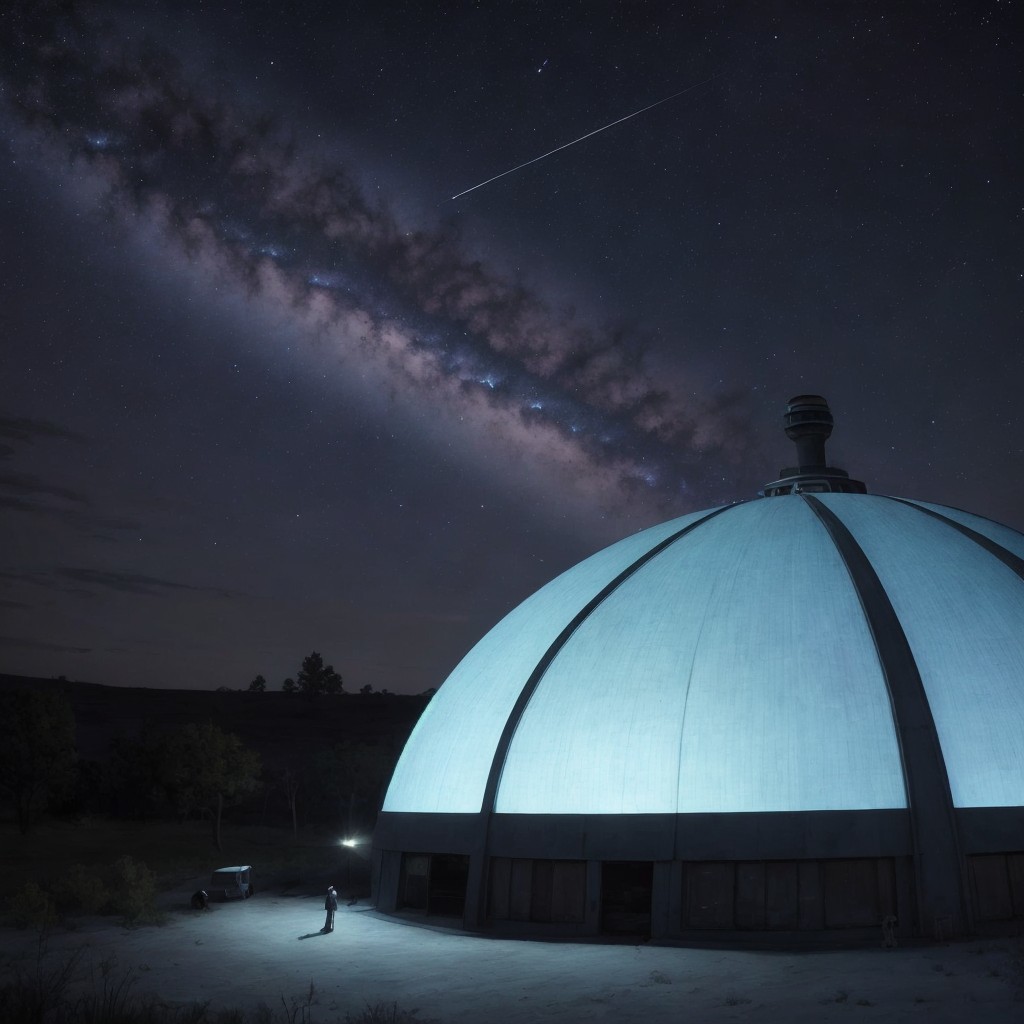 Solitary Figure Under Glowing Dome at Night Sky