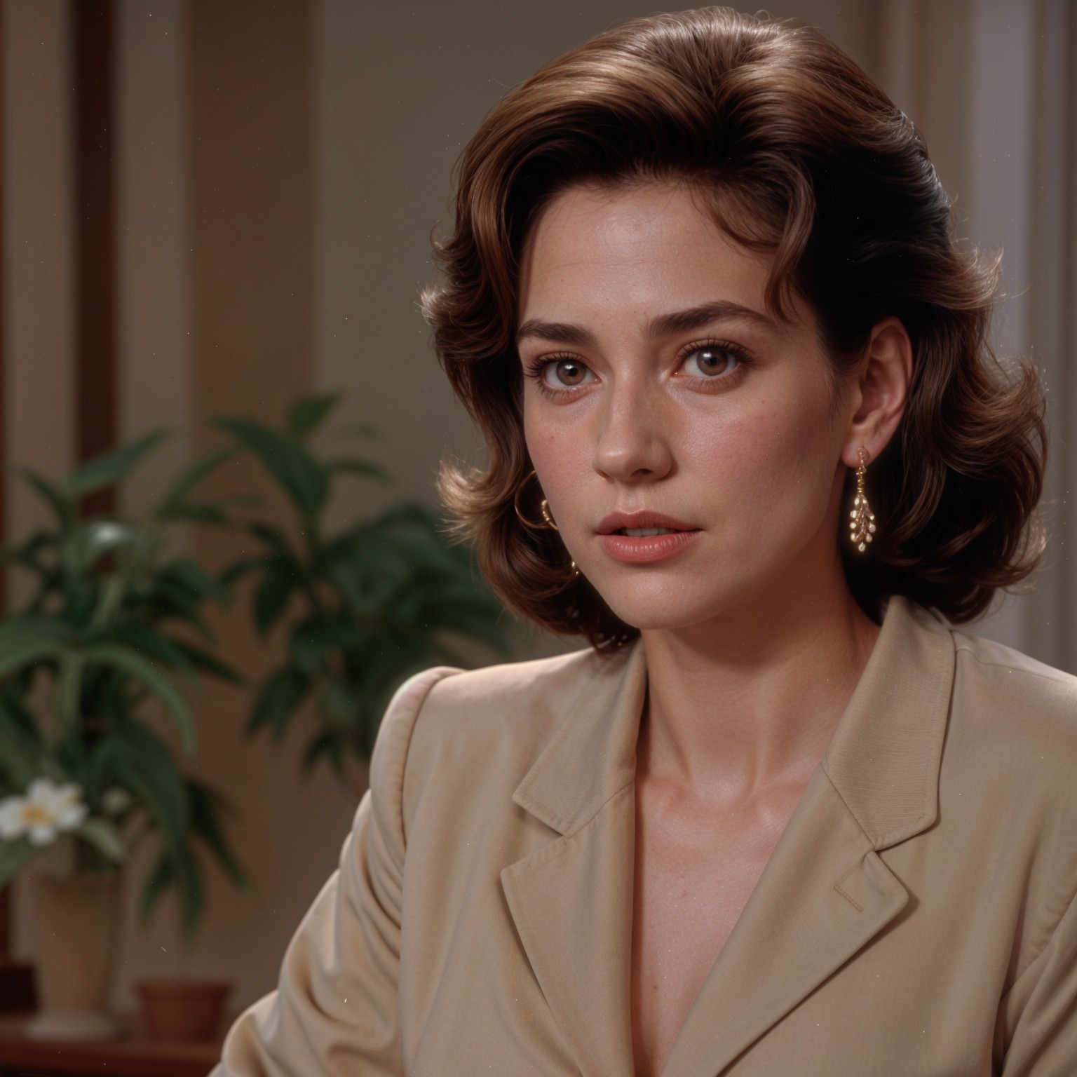 Woman in beige blazer with wavy brown hair in light room