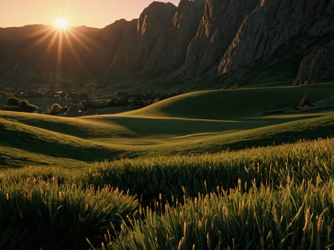 Serene Landscape with Rising Sun and Rolling Hills