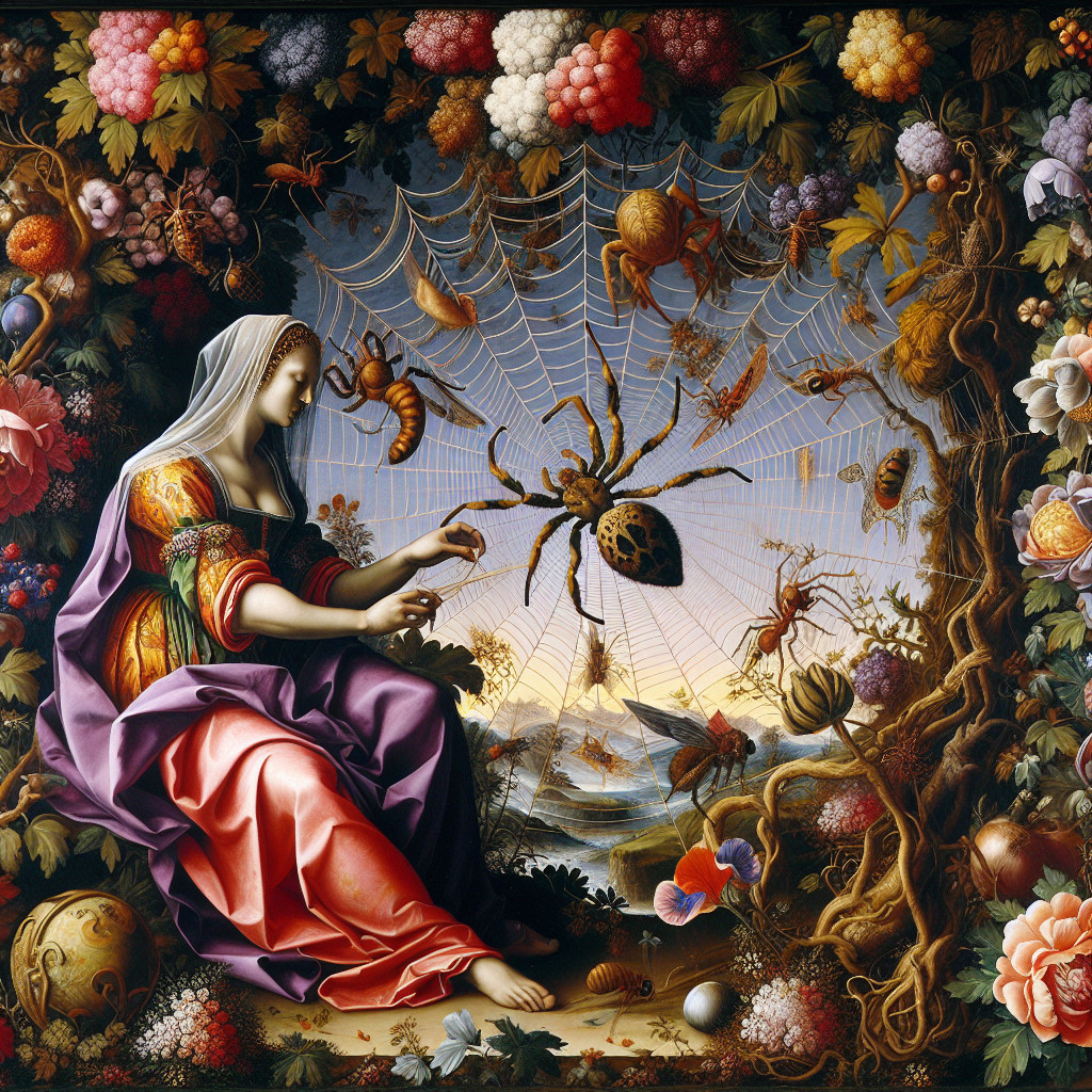 Woman in Gown with Spider and Lush Nature Elements