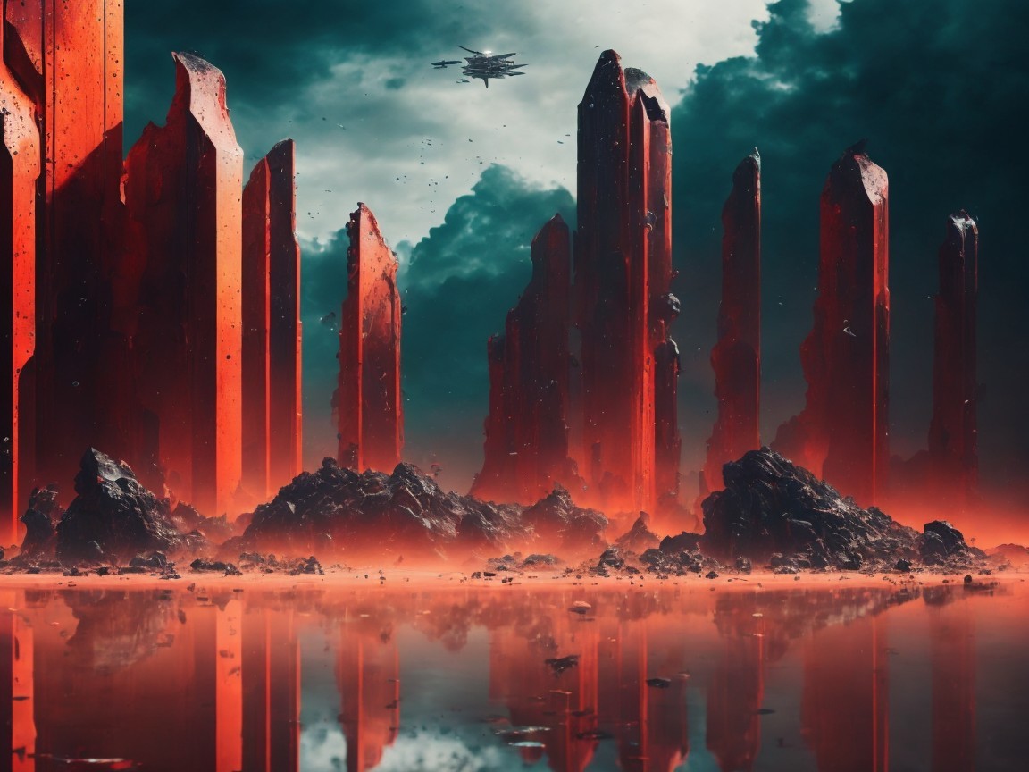 Dramatic Landscape with Red Rocks and Futuristic Aircraft