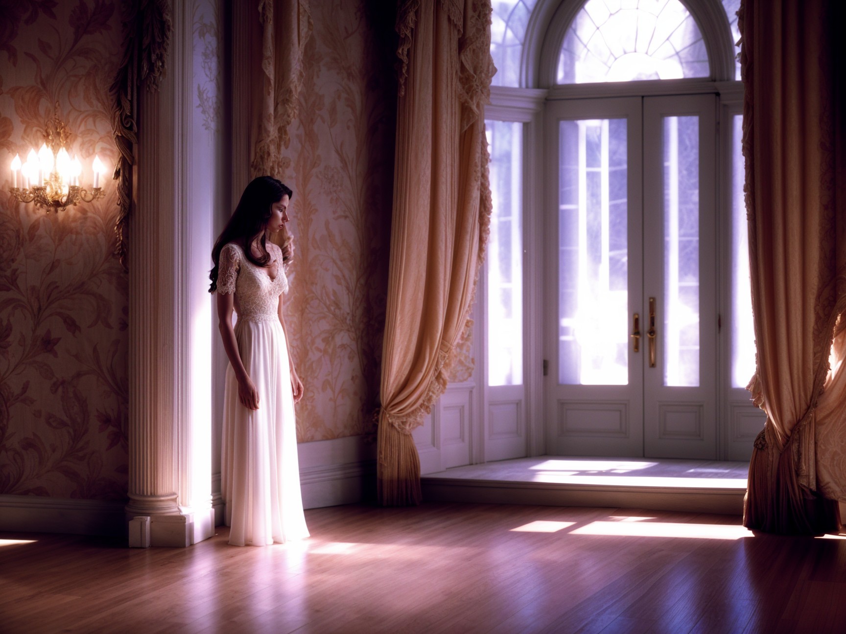Woman in White Gown by Grand Window in Elegant Room