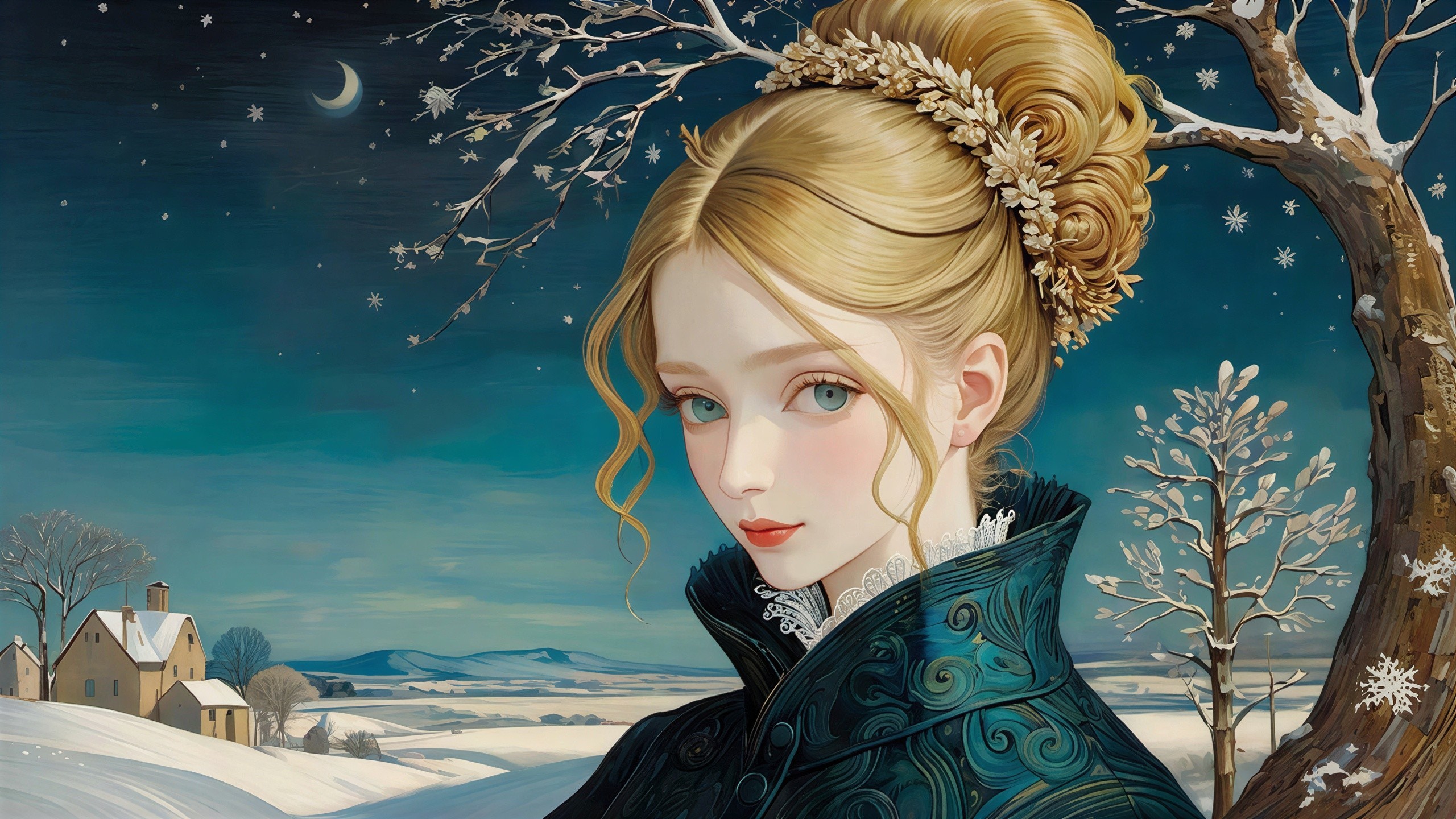 Blonde Girl in Blue Coat Amidst Snowy Night Landscape