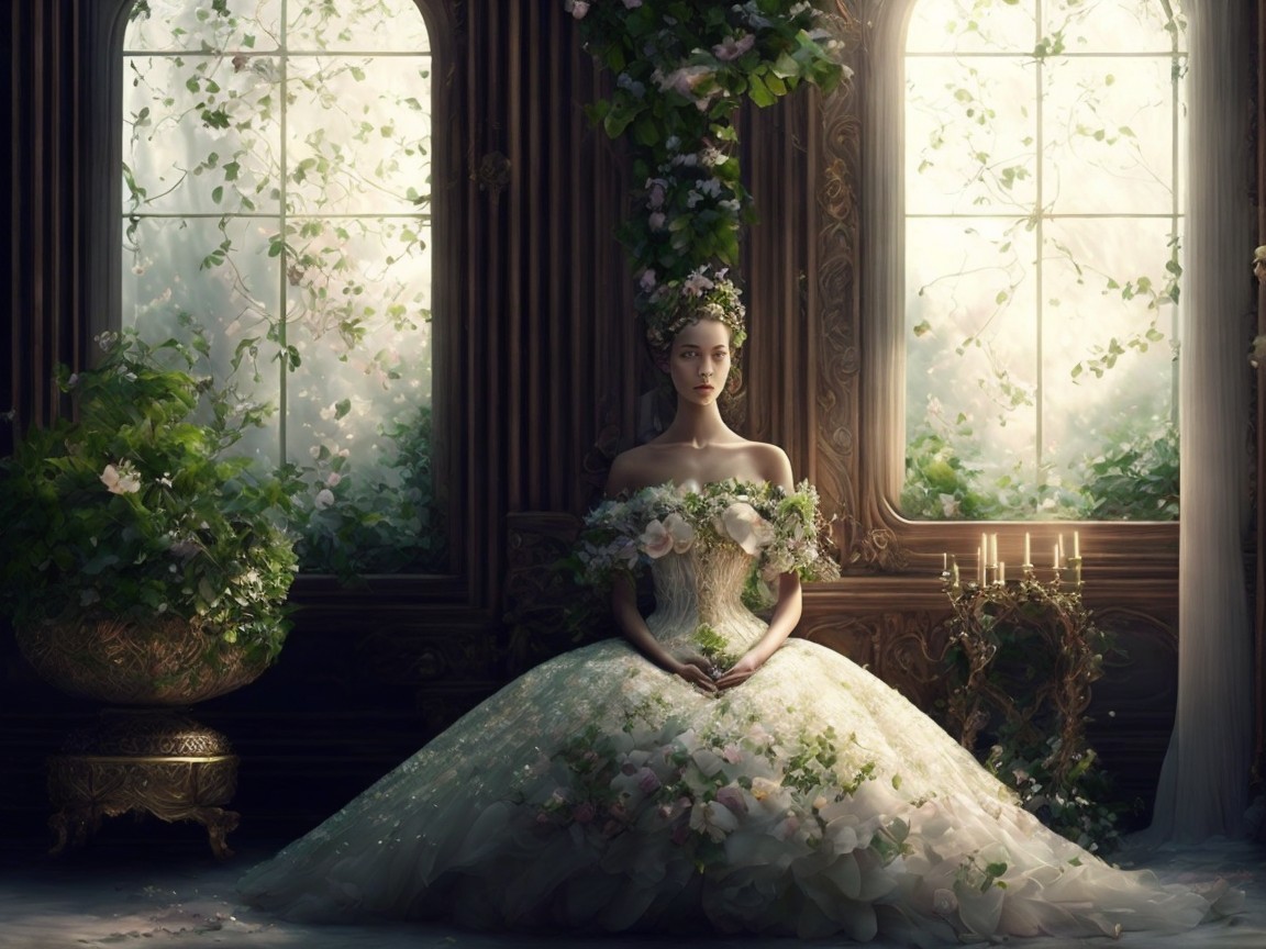 Graceful figure in a lavish room with floral decor