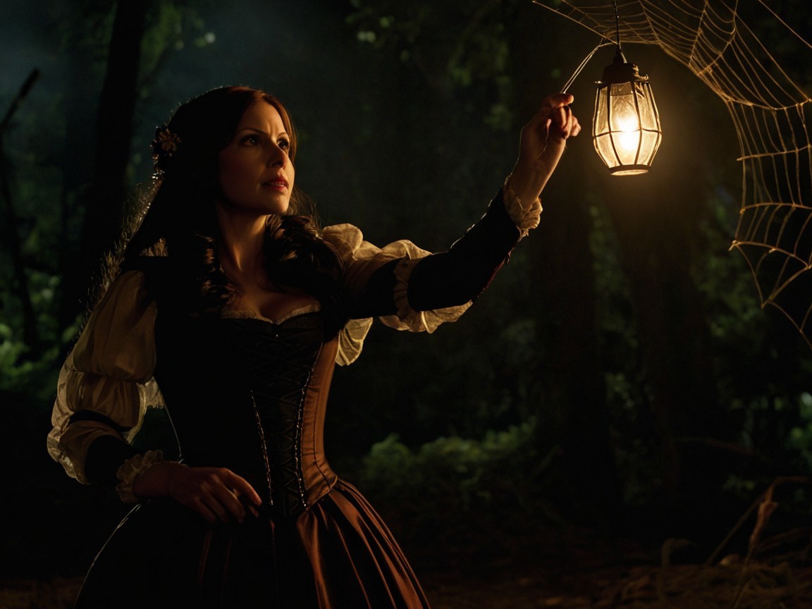 Woman with Lantern in Dark Forest and Spider Web