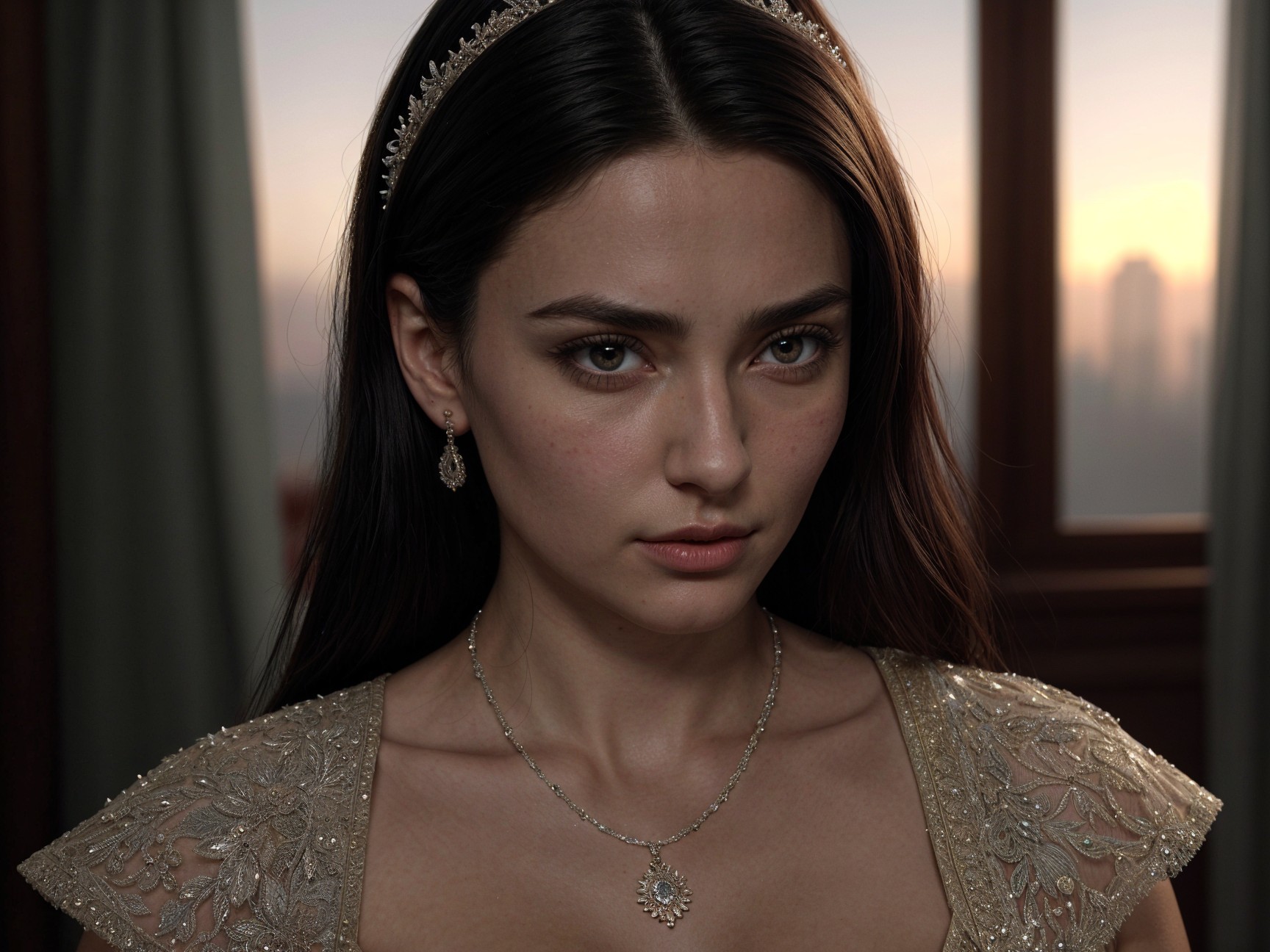 Portrait of a woman in a jeweled headband and gown