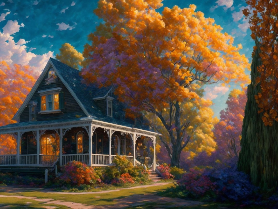 Rustic House Surrounded by Vibrant Autumn Landscape
