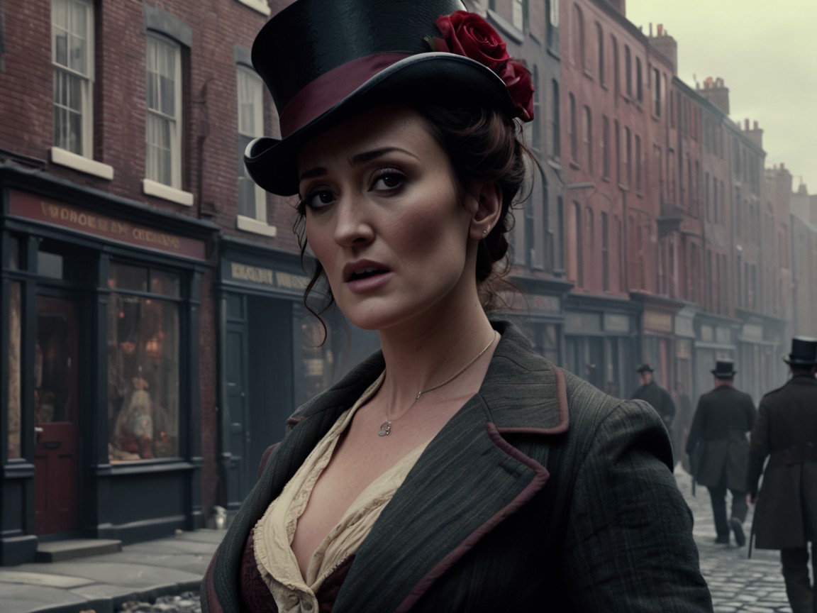 Vintage Attire in a Cobblestone Street Scene