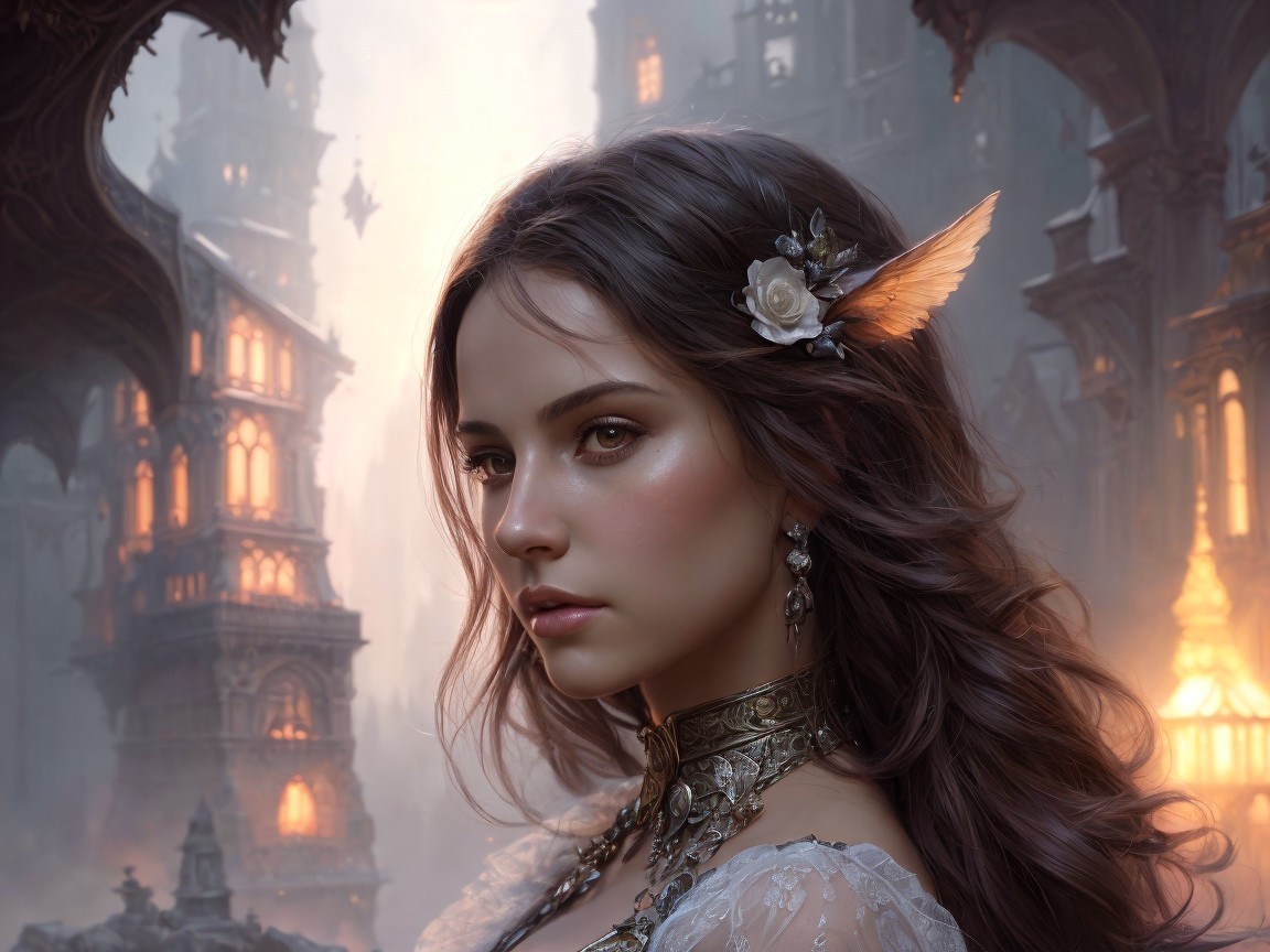 Mystical Woman in Lace Gown Against Ethereal Architecture