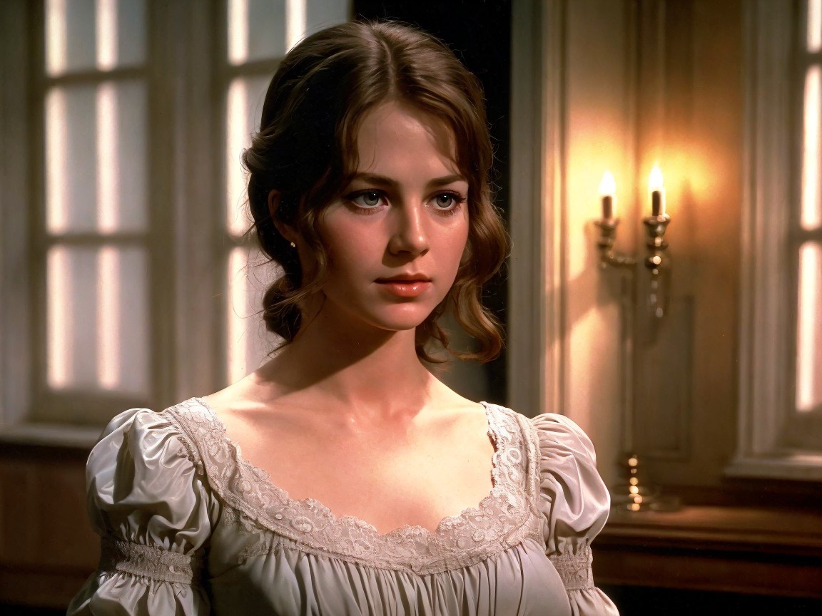 Young woman in vintage blouse with serene expression