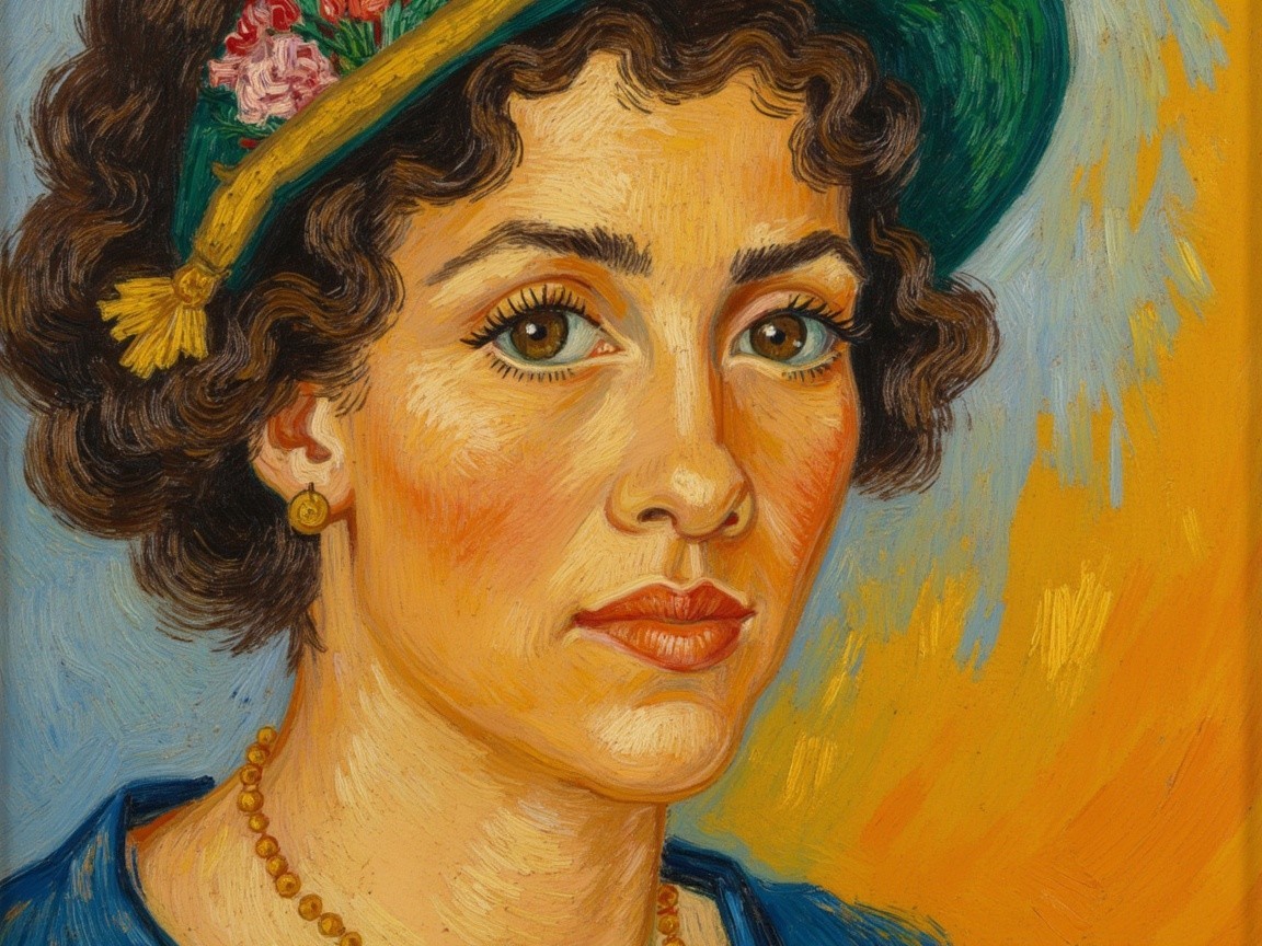 Oil Painting of Woman with Curly Hair and Teal Hat