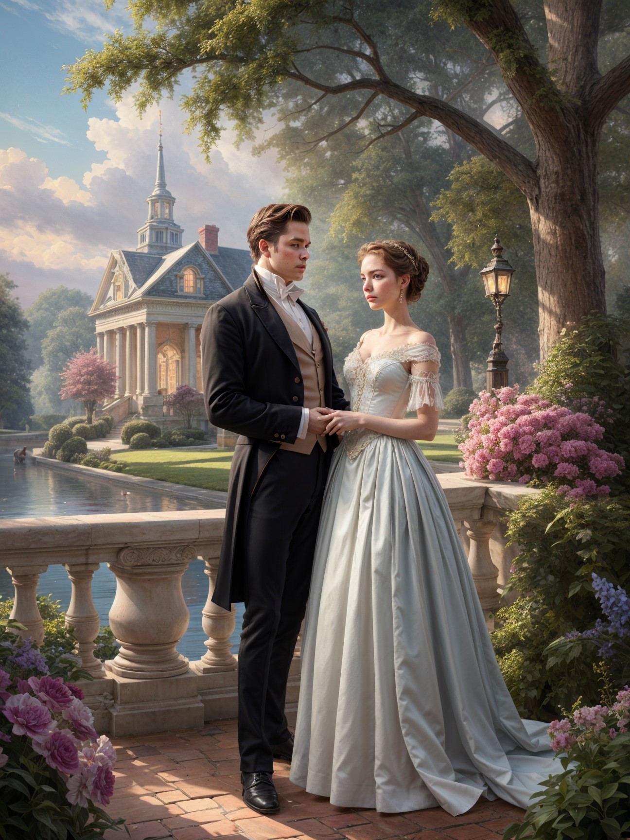 Couple in Elegant Attire by Serene Waterway Garden