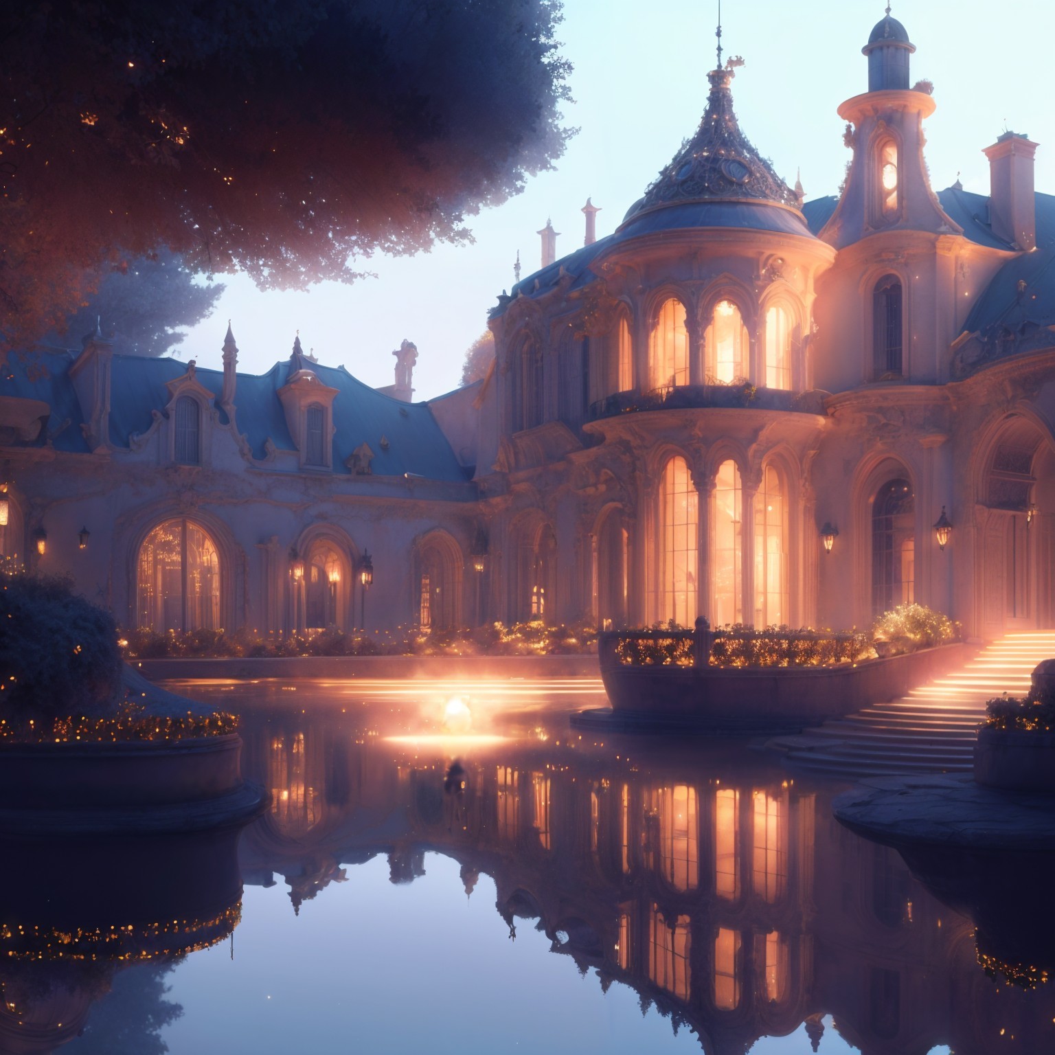 Twilight Reflection of a Mansion in a Serene Pond