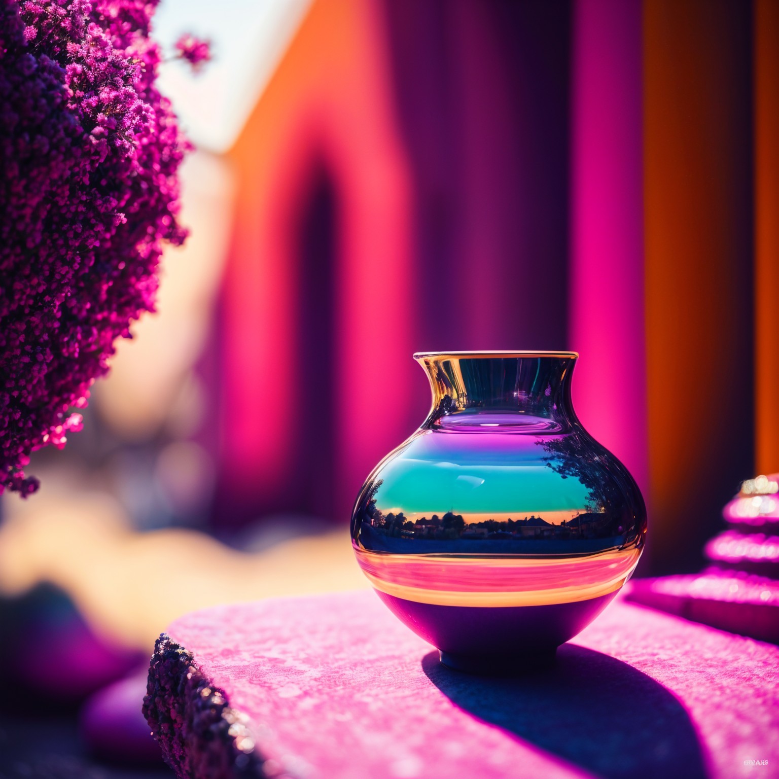 Ceramic Vase on Vibrant Purple Surface with Decorative Elements