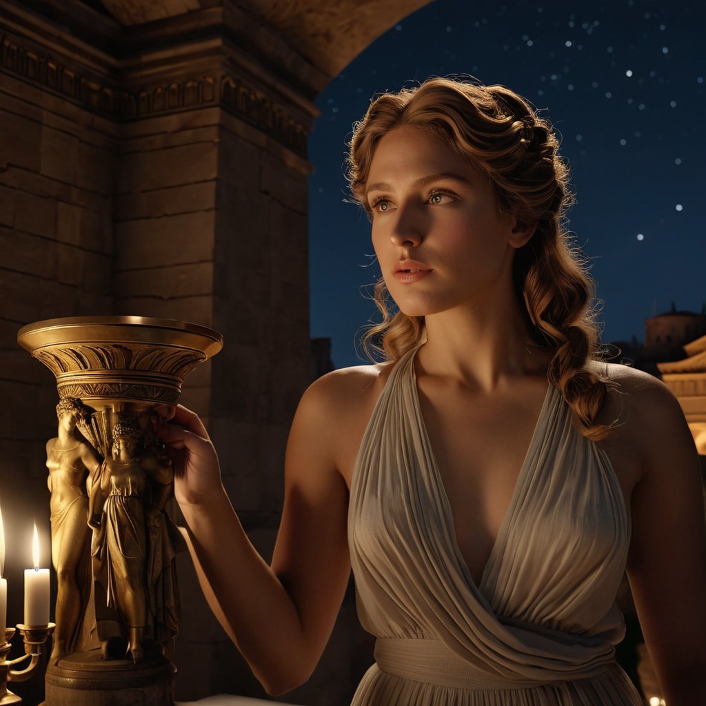 Young woman under starlit sky with ornate torch