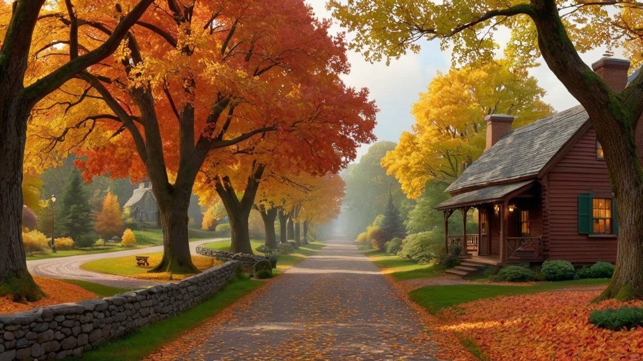 Autumn Country Lane with Trees and Charming House