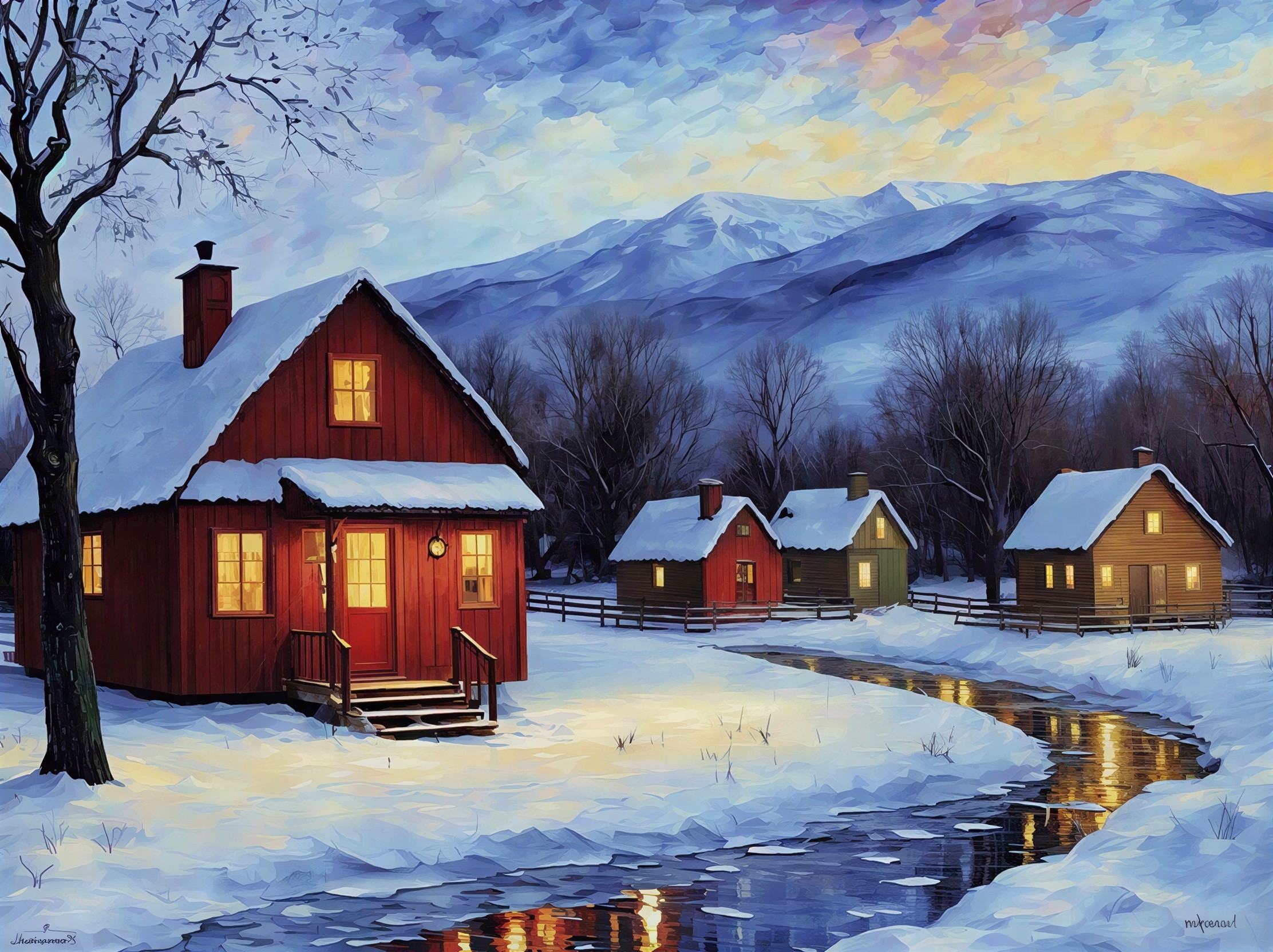 Winter Landscape with Wooden Houses and Creek
