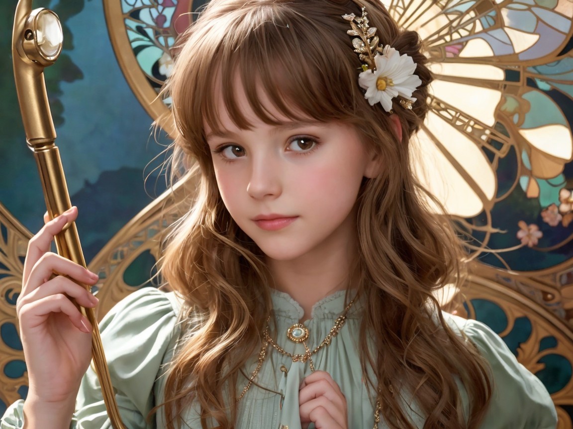 Young girl in soft green dress with decorative staff