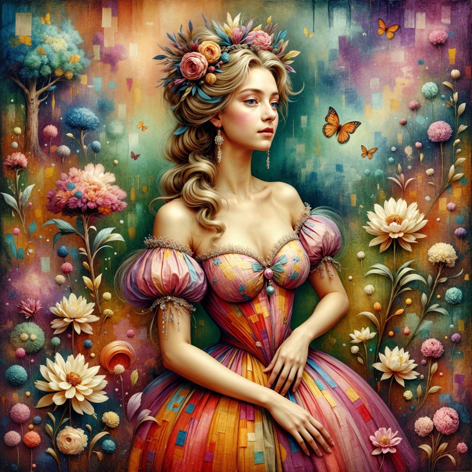 Woman in Multicolored Gown Surrounded by Nature
