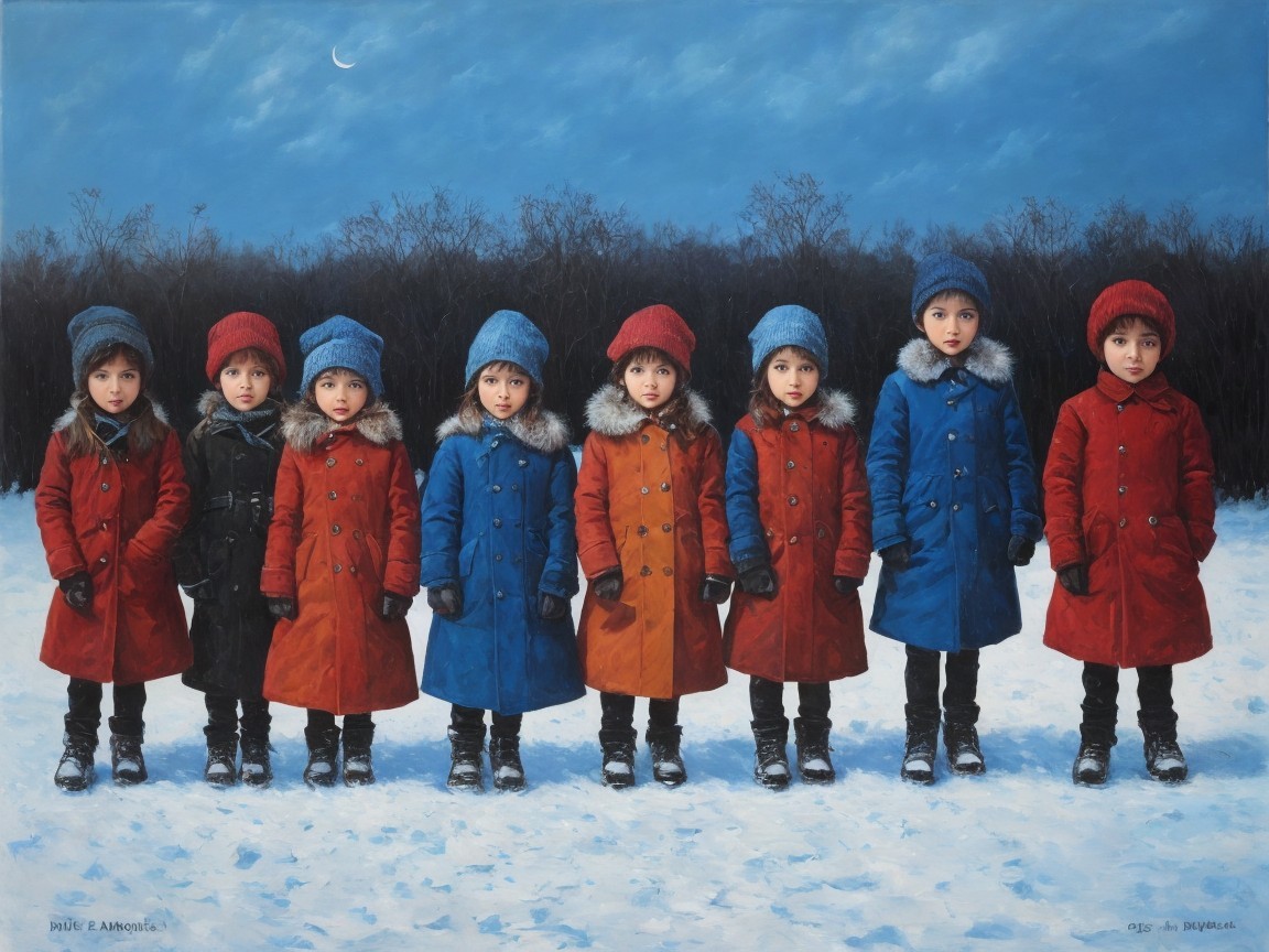 Eight Identical Girls in Winter Attire on Snowy Ground