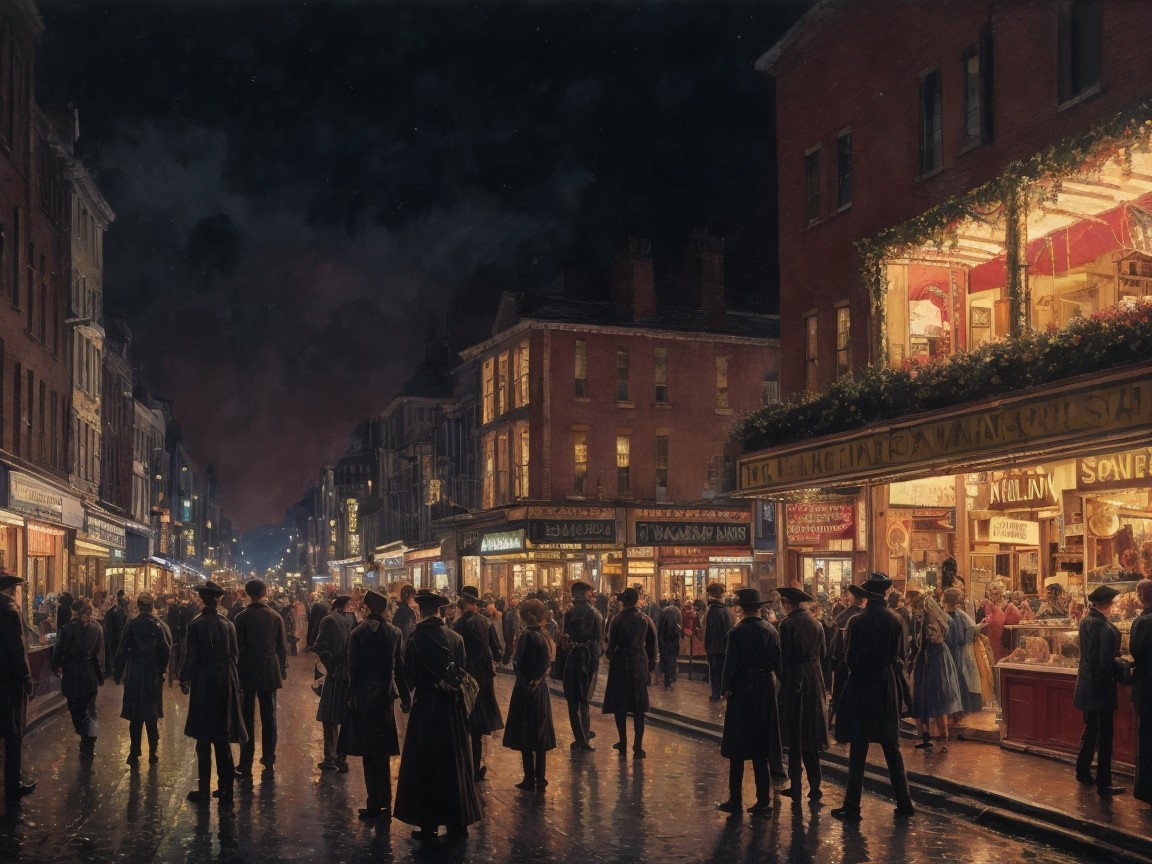Bustling Night Street Scene with Early 20th-Century Attire