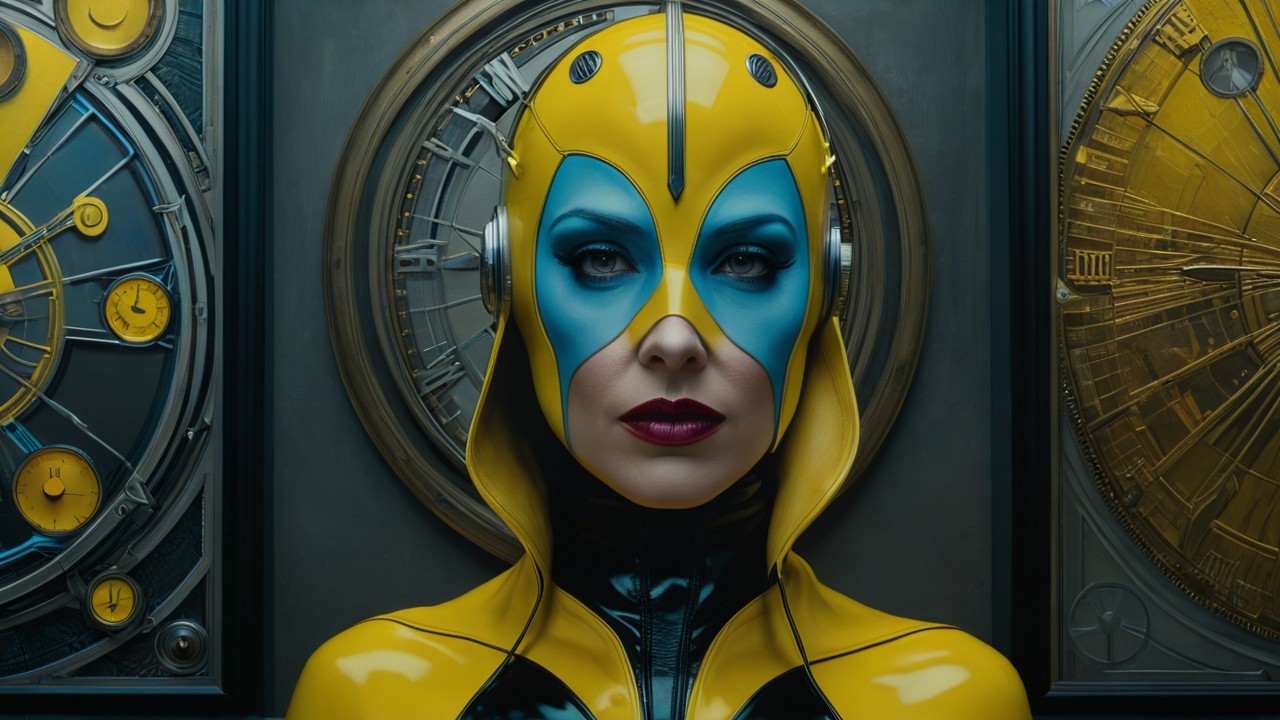 Sleek Yellow and Blue Costume with Vintage Clocks Backdrop