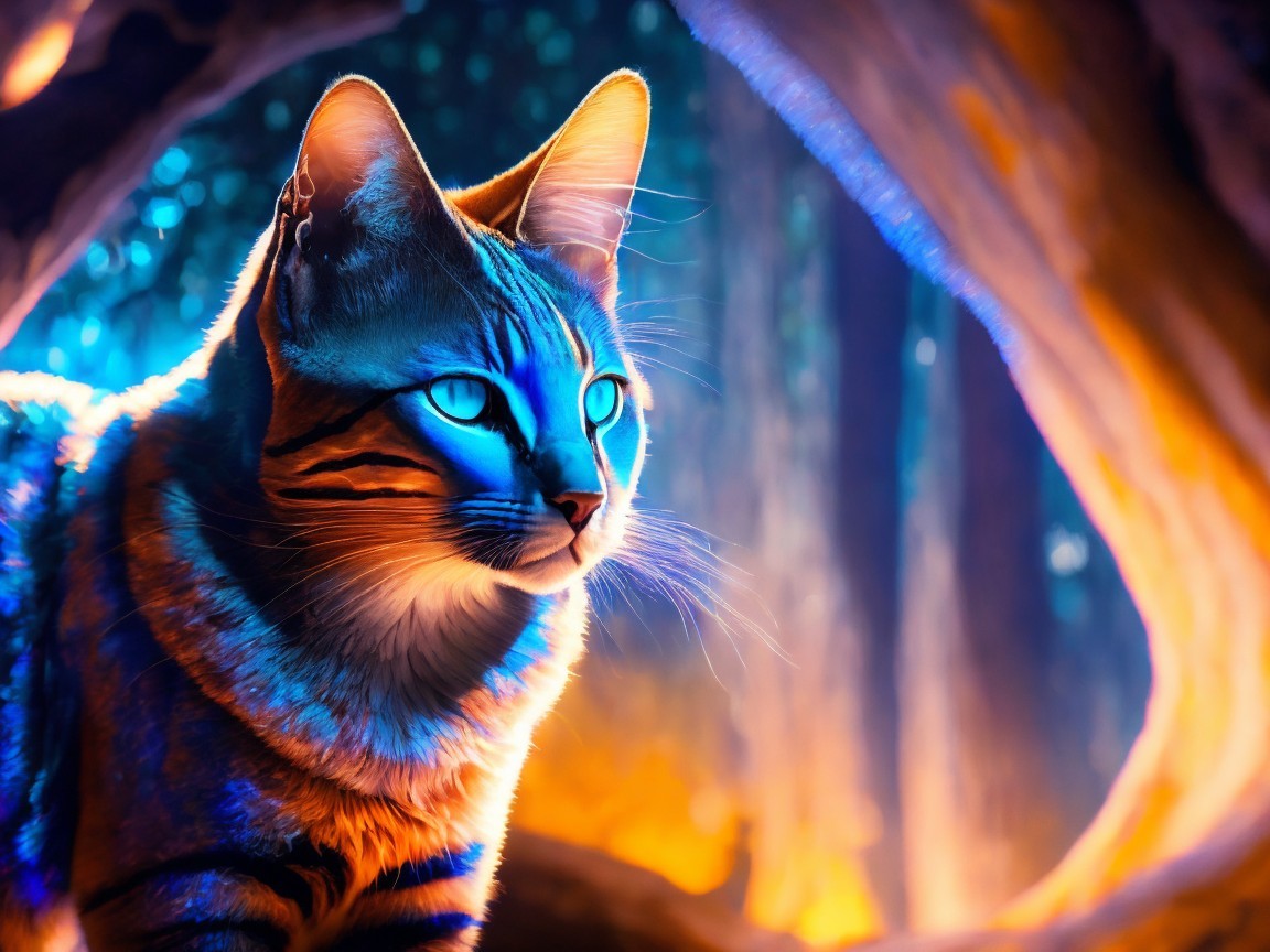 Tabby Cat in Mystical Forest with Blue Eyes