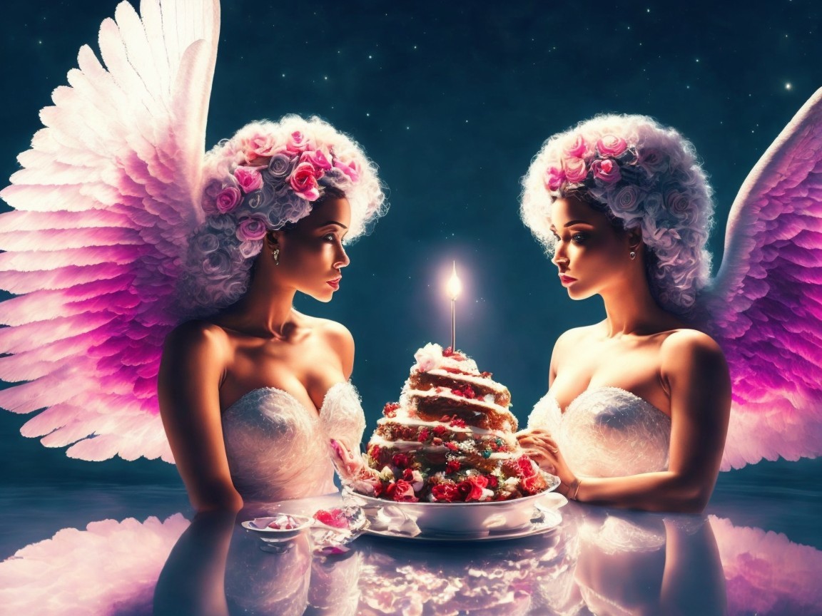 Ethereal Figures with Wings in Starry Celebration Scene