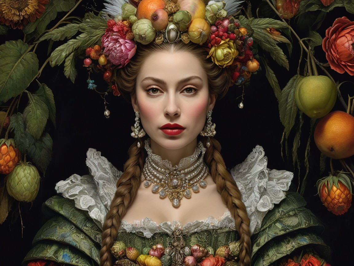 Ornate painting of a woman in a fruit headdress