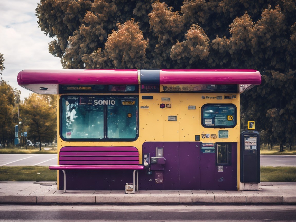 Vibrant Purple and Yellow Bus Stop Design Features