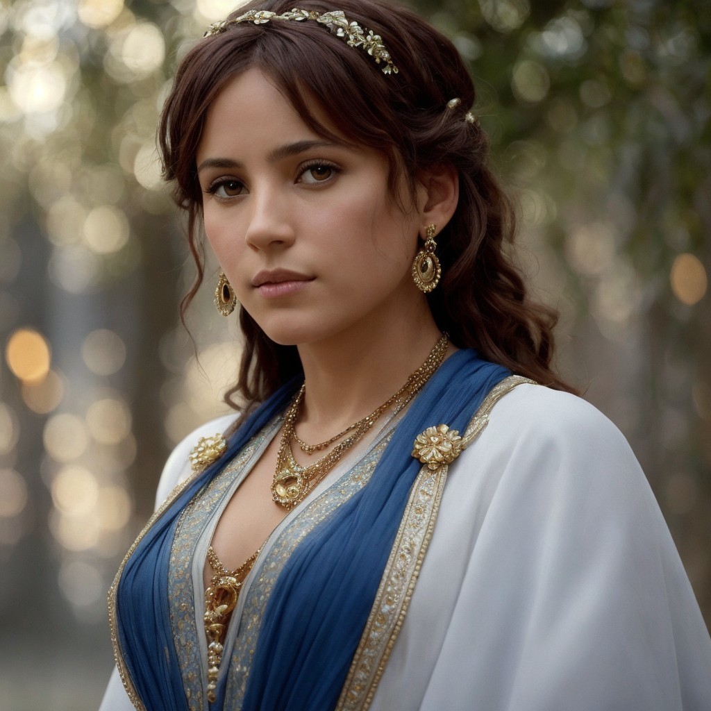 Young Woman in Elegant Gown in Serene Woodland