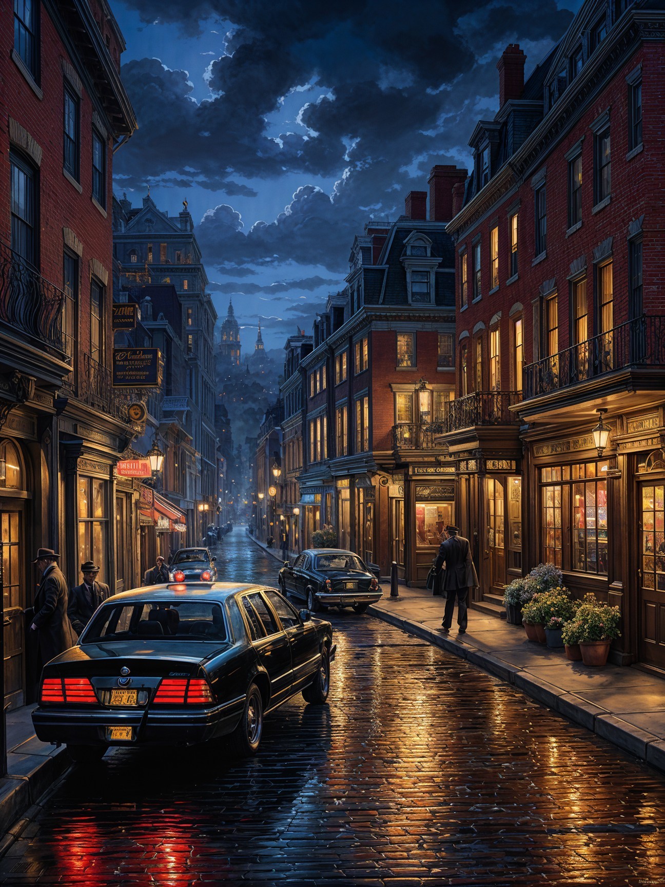 Nighttime Street Scene with Brick Buildings and Cobblestones