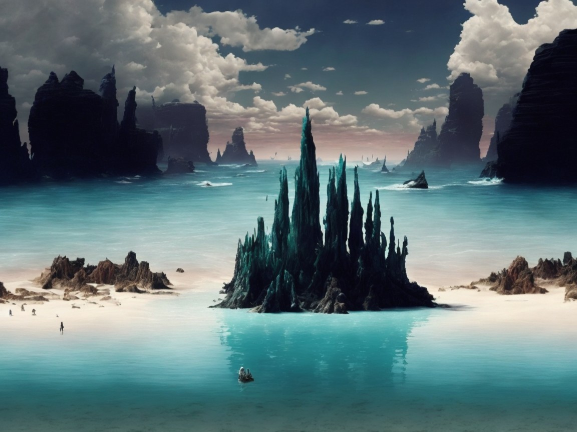 Surreal Landscape with Rock Formations and Turquoise Sea