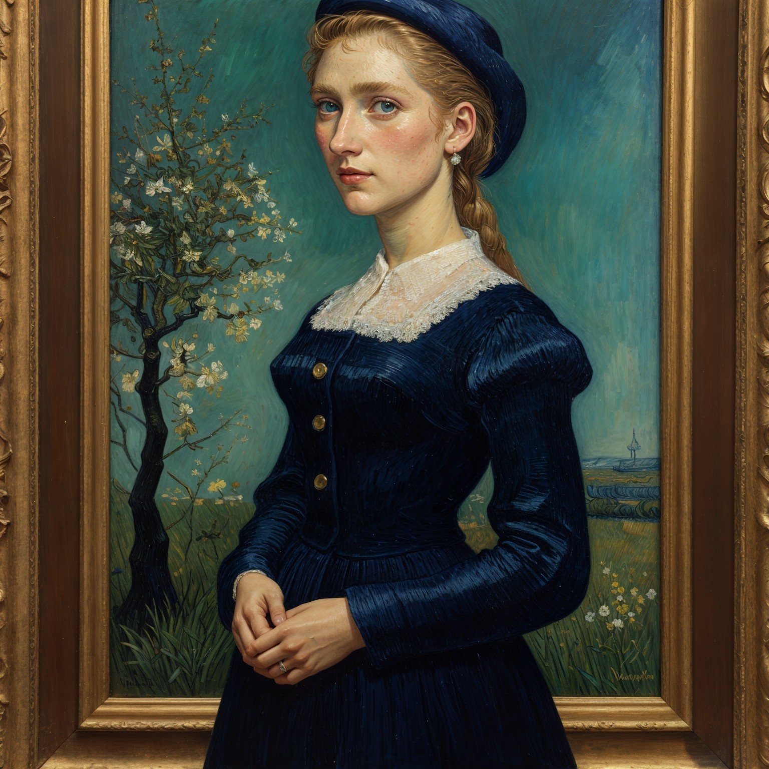 Young Woman in Dark Dress with Flowering Tree Background