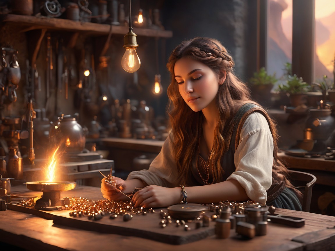Young Woman Crafting in Rustic Workshop Setting