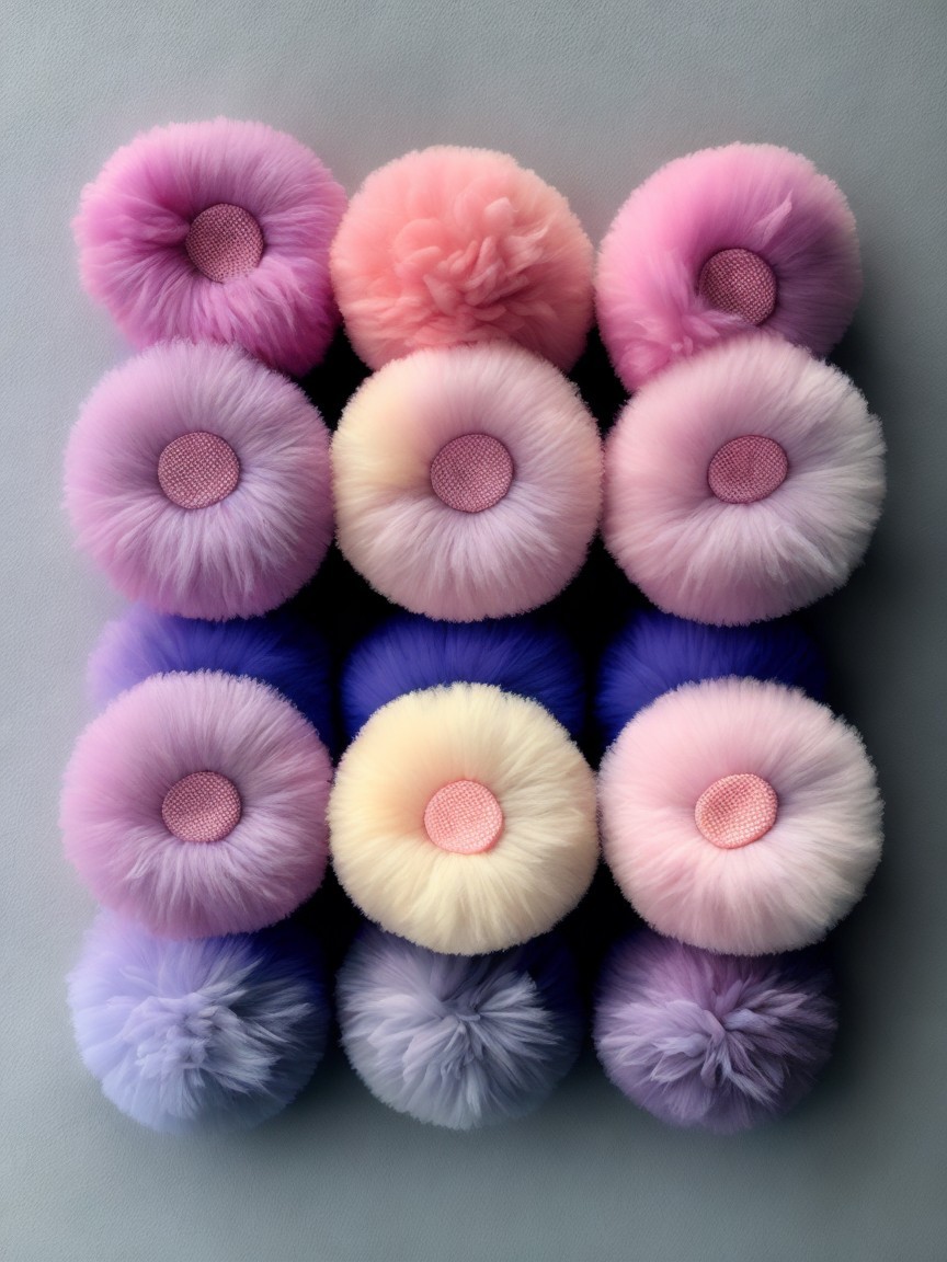 Grid of Colorful Fluffy Pom-Poms on Gray Background