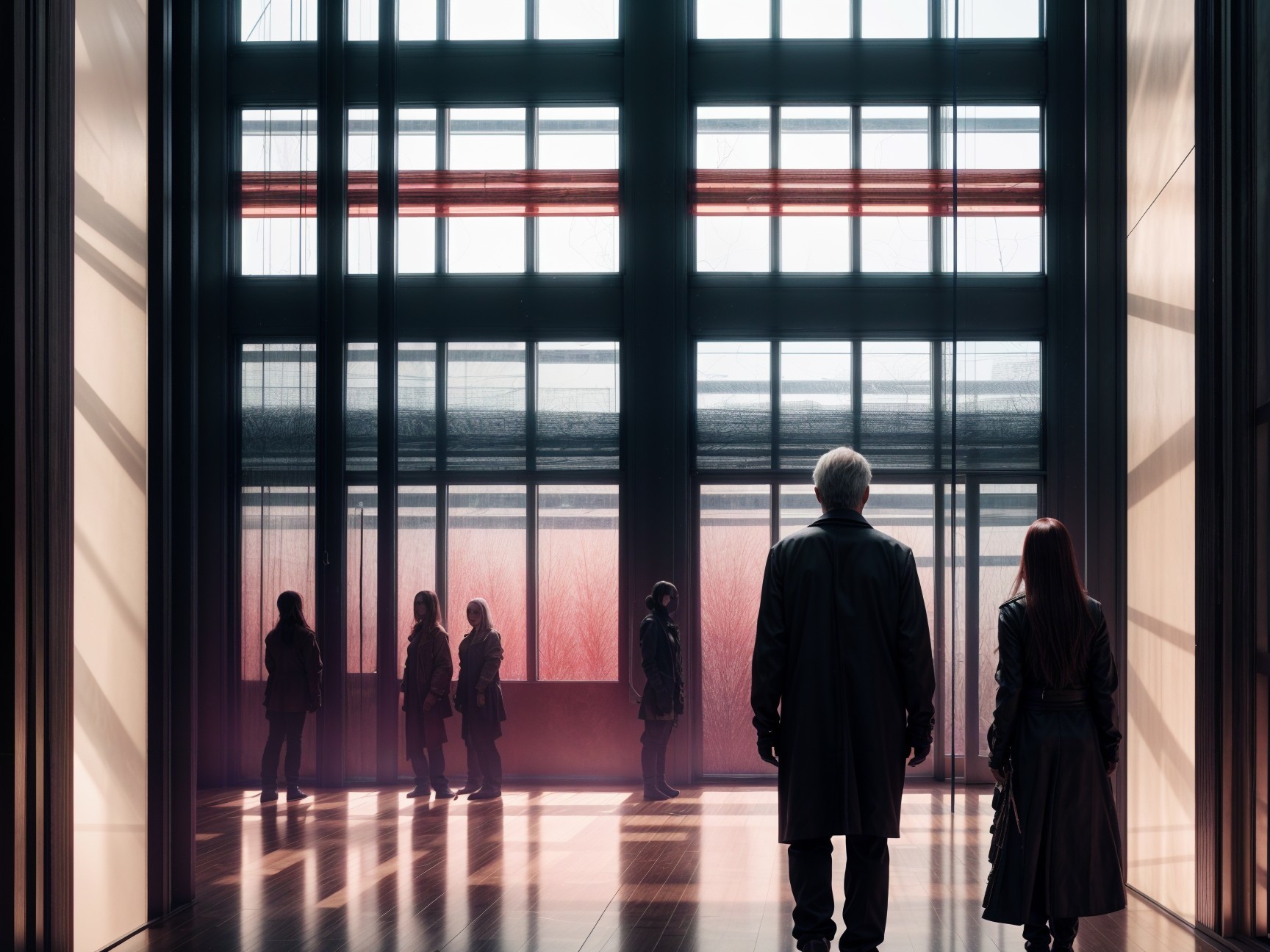 Silhouettes in Modern Space with Soft Sunlight Effects