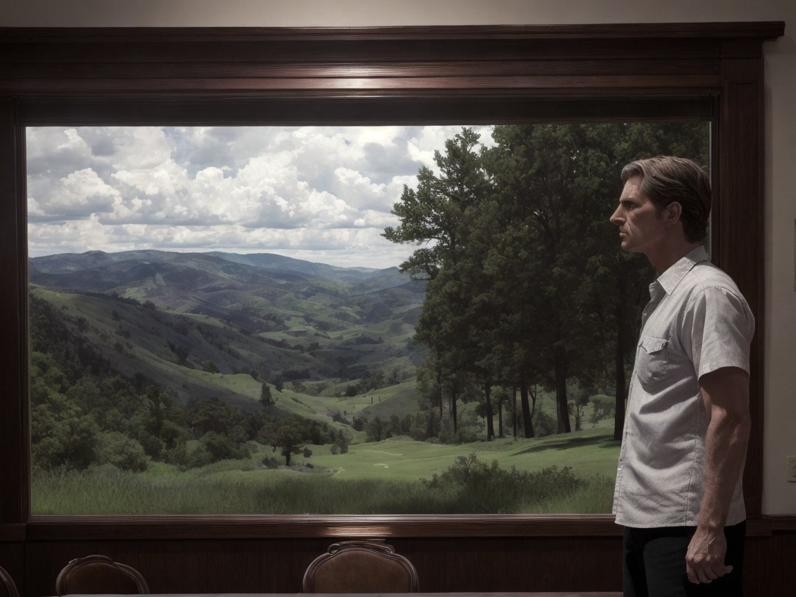 Man Contemplating Scenic View of Green Hills and Sky