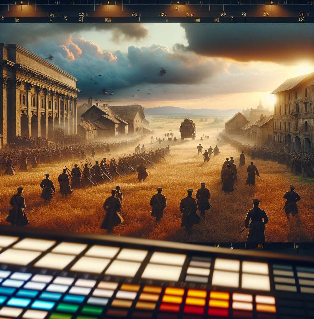 Army Marching Through Golden Fields Under Ominous Sky