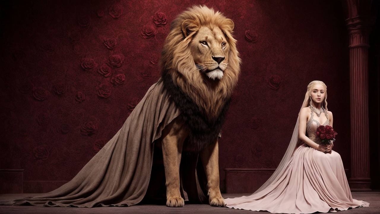 Regal Lion with Woman in Elegant Floral Setting