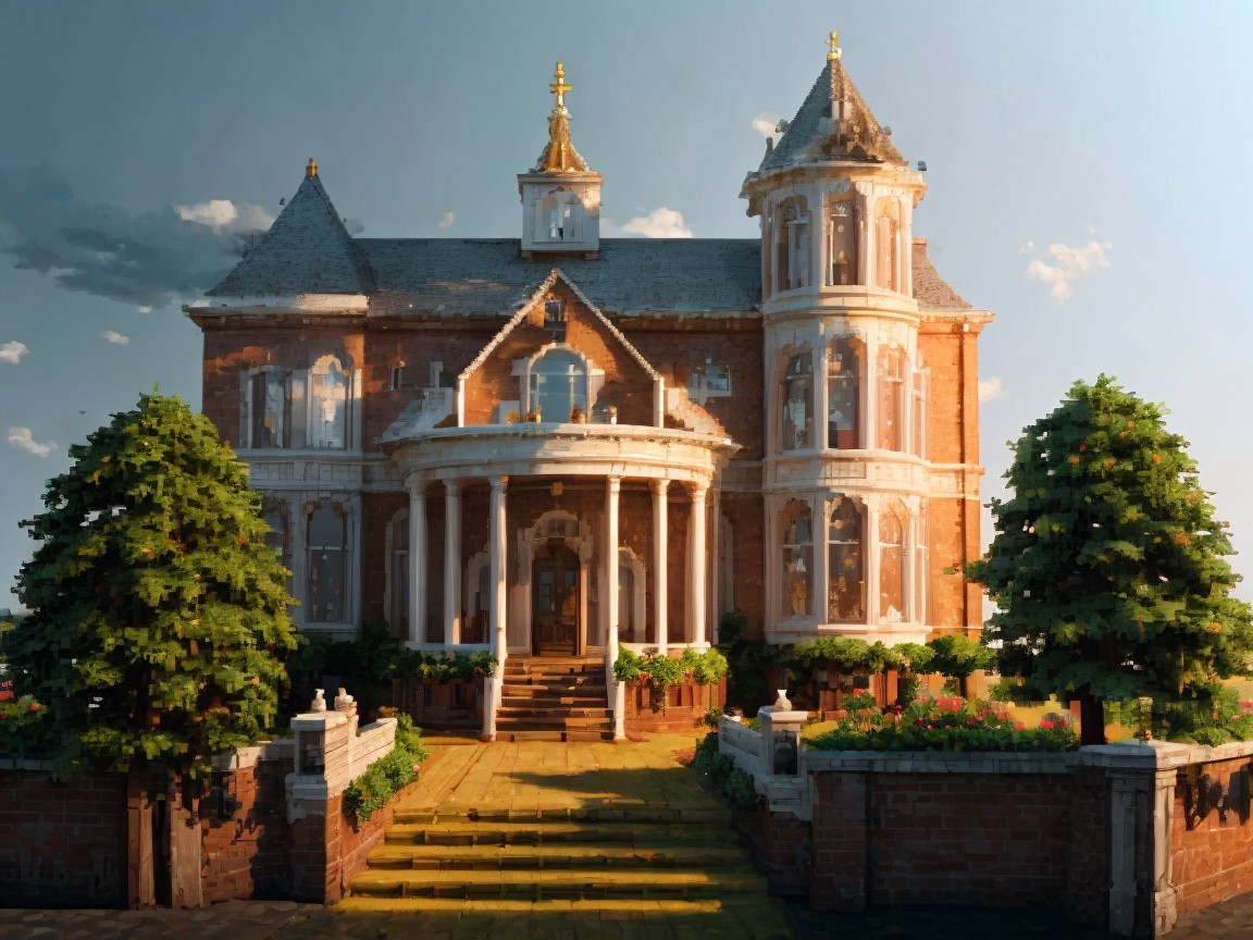 Victorian Mansion with Intricate Brickwork and Spires