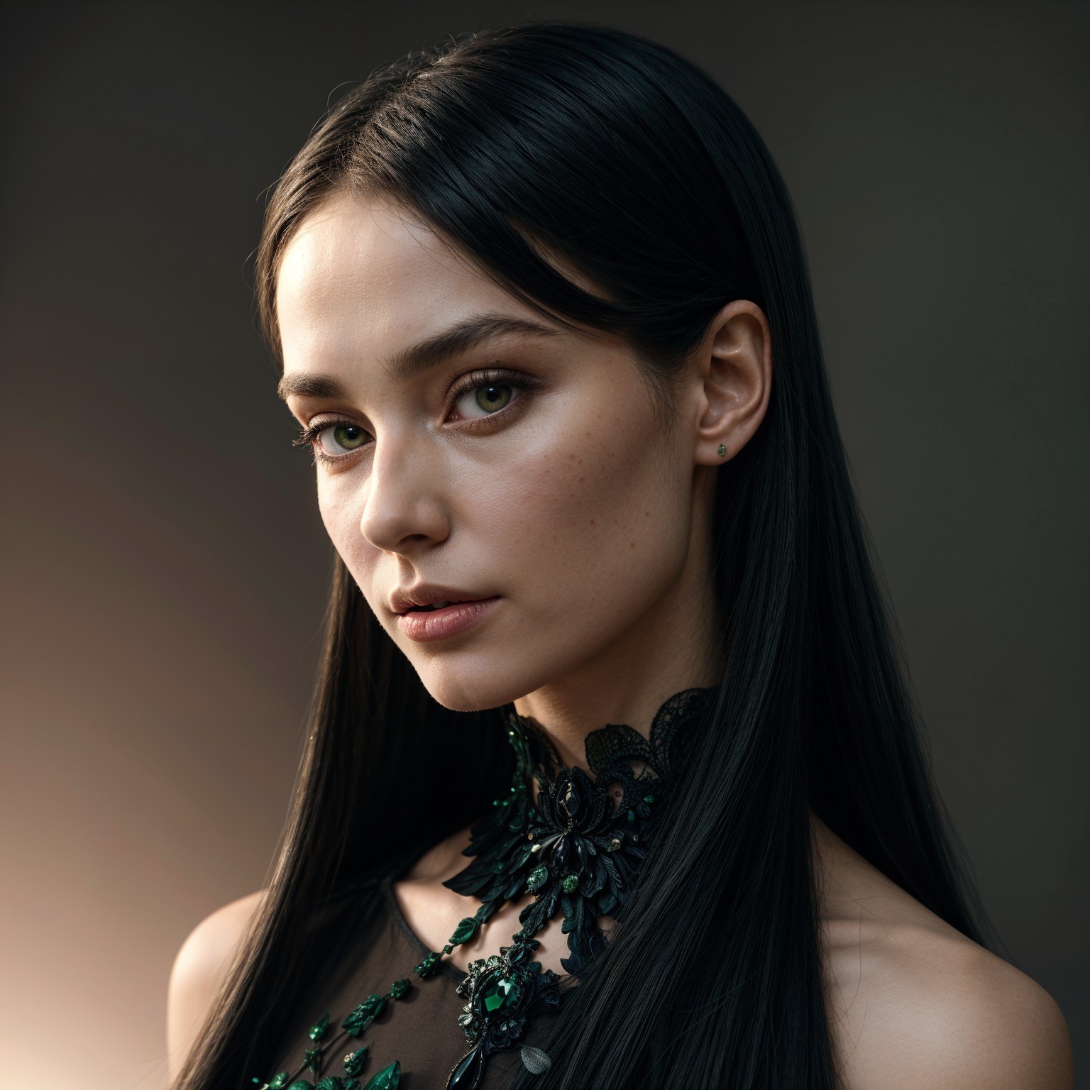 Elegant Young Woman in Sophisticated Dress and Black Hair