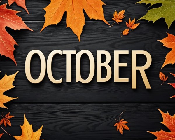 Stylish October Text with Autumn Leaves on Wood