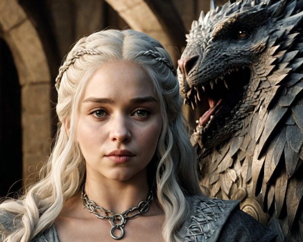 Powerful character with dragon in grand medieval setting