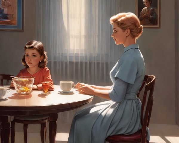 Indoor Scene of Woman and Girl at Wooden Table