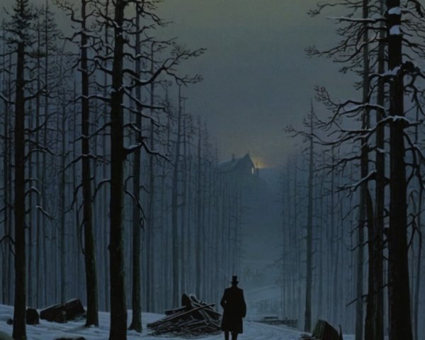 Solitary Figure on Snow-Covered Path at Twilight