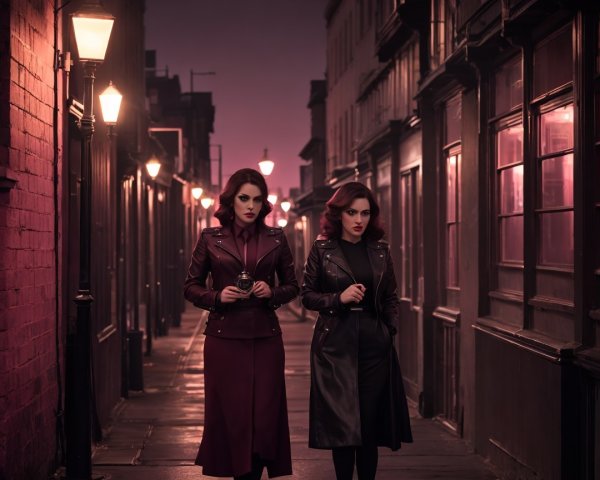 Stylish women in leather jackets on a cobblestone street